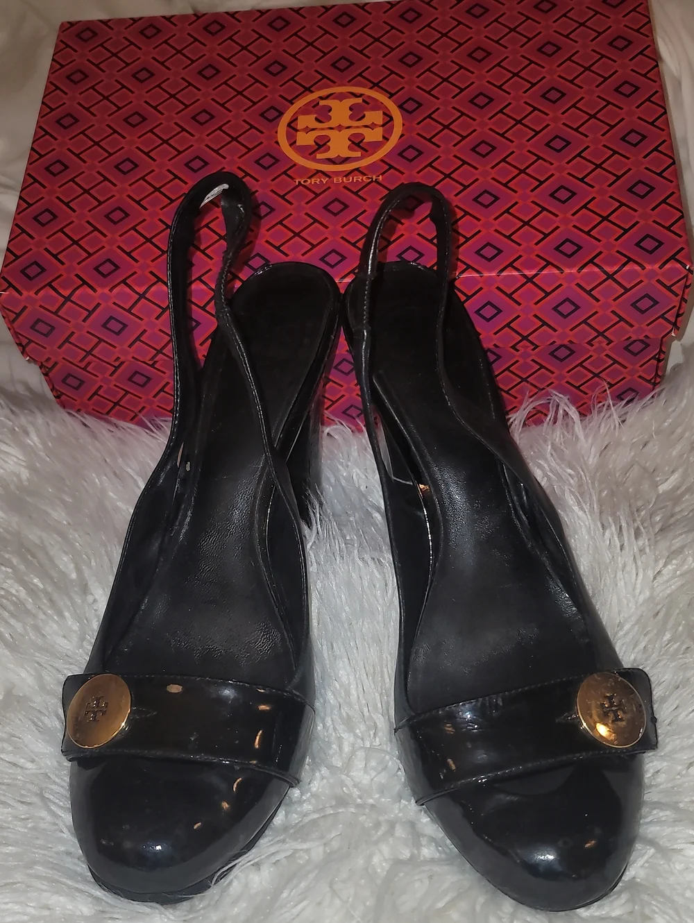 Tory Burch Black Patent Slingback Heels with Gold Logo Accents